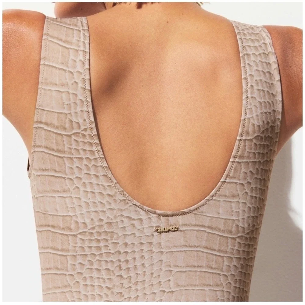 SKIMS Signature Swim High Neck One Piece Dune Crocodile Print L NWT